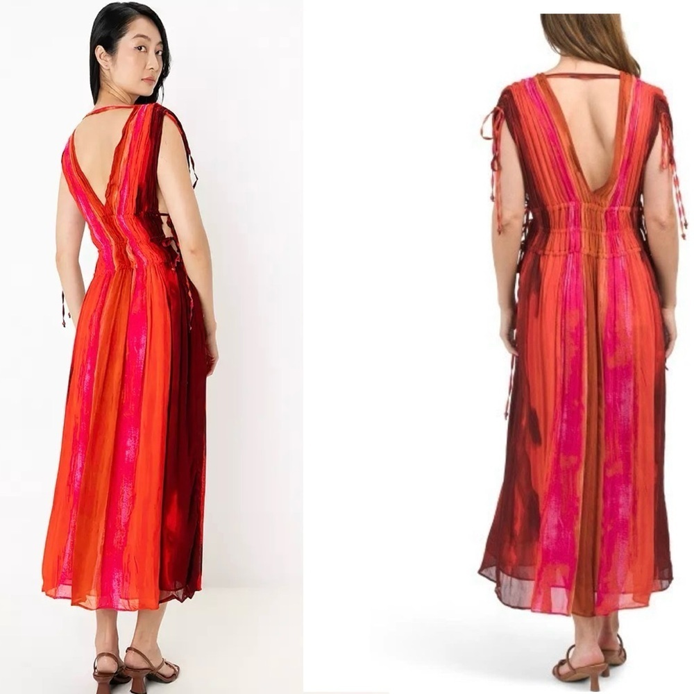 Zara red pink tie-dye BoHo V-neck midi dress Sz M tropical beach vacation NWOT